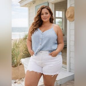 White High-Rise Frayed Hem Denim Shorts - Plus Size